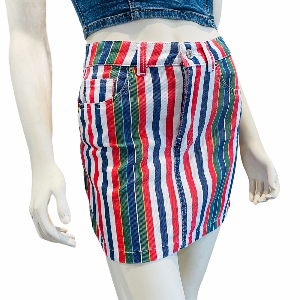 Rainbow Striped Denim Mini Skirt
